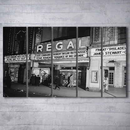 Regal Movie Theater at Night Vintage Chicago Photography Black and White Art, 5 Pieces Large Canvas Print