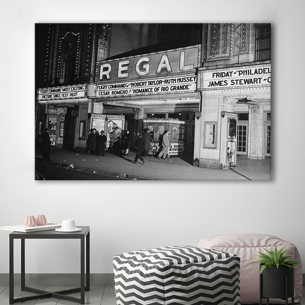 Regal Movie Theater at Night Vintage Chicago Photography Black and White Art, Canvas Print Wall Art Decor