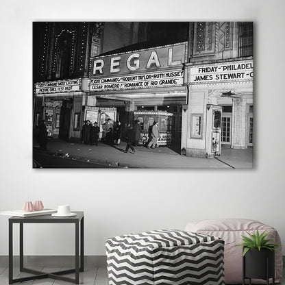 Regal Movie Theater at Night Vintage Chicago Photography Black and White Art, Canvas Print Wall Art Decor
