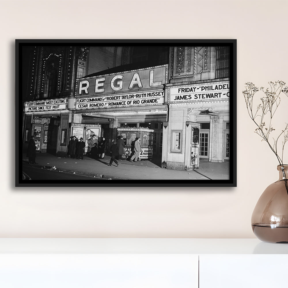 Regal Movie Theater at Night Vintage Chicago Photography Black and White Art, Floating Framed Canvas Print