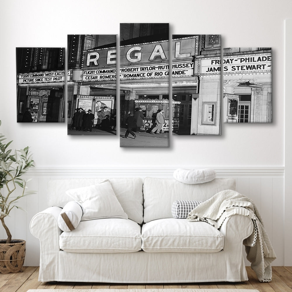 Regal Movie Theater at Night Vintage Chicago Photography Black and White Art, Mixed 5 Pieces Canvas Print