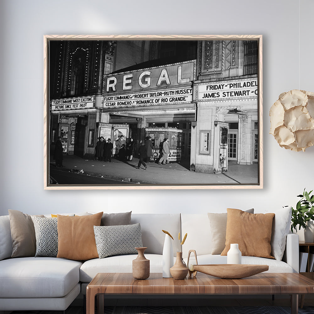 Regal Movie Theater at Night Vintage Chicago Photography Black and White Art, Floating Framed Canvas Print