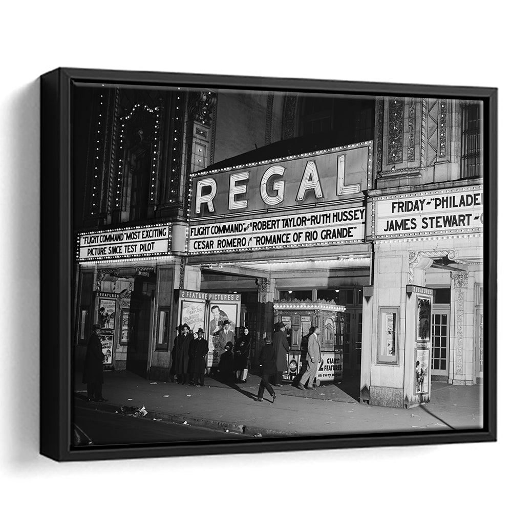 Regal Movie Theater at Night Vintage Chicago Photography Black and White Art, Floating Framed Canvas Print