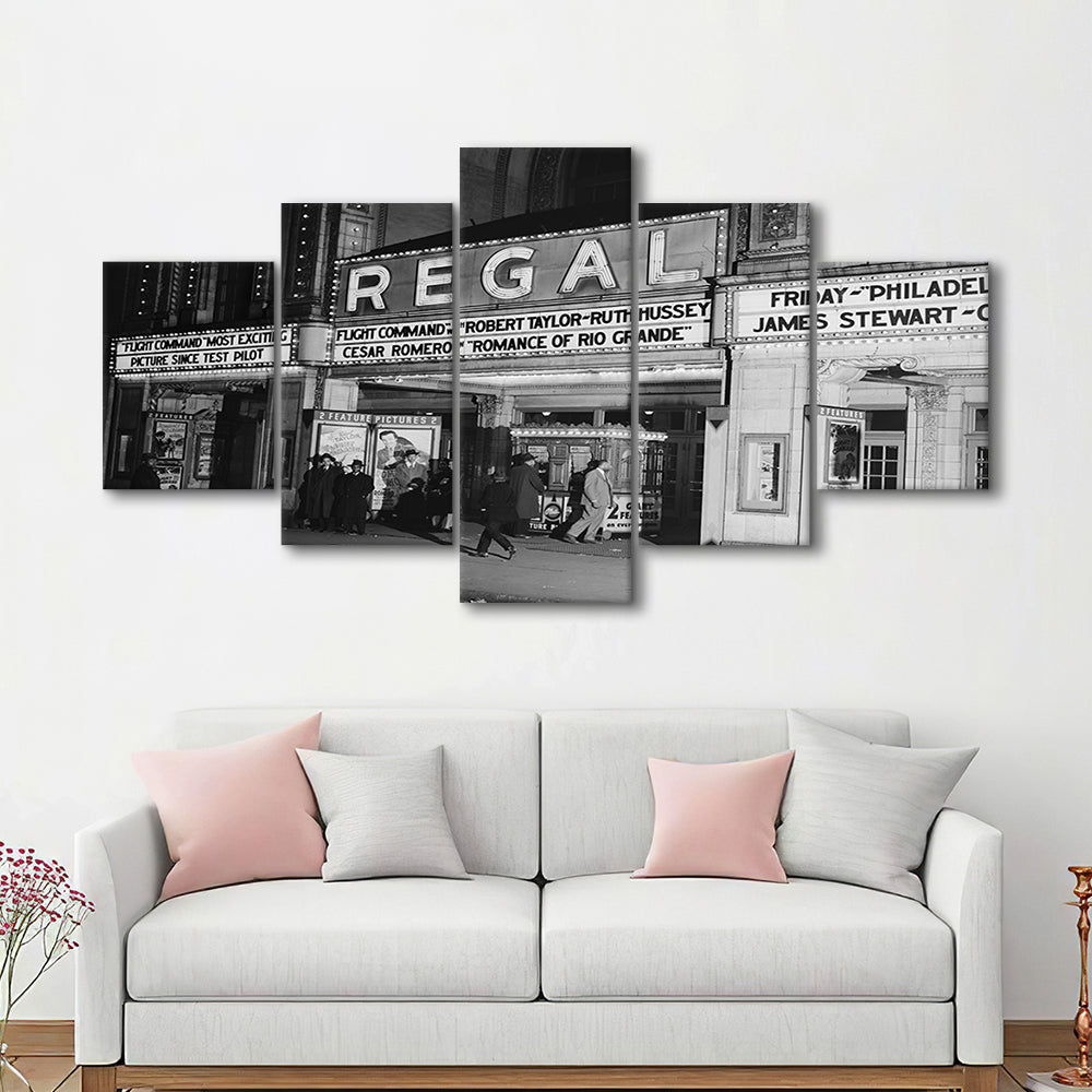 Regal Movie Theater at Night Vintage Chicago Photography Black and White Art, Mixed 5 Pieces Canvas Print