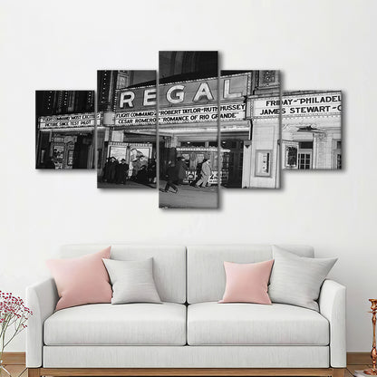 Regal Movie Theater at Night Vintage Chicago Photography Black and White Art, Mixed 5 Pieces Canvas Print