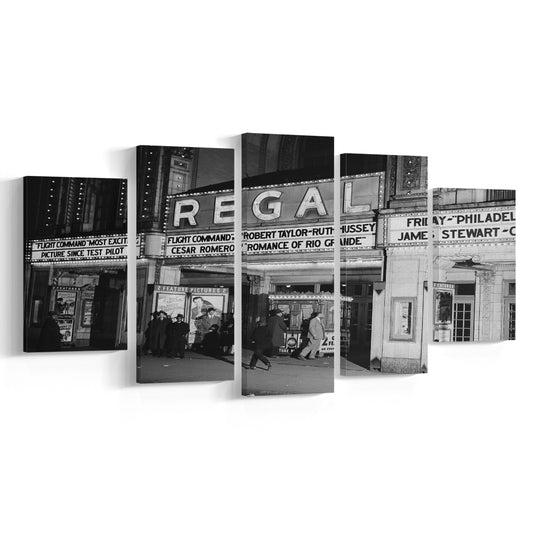 Regal Movie Theater at Night Vintage Chicago Photography Black and White Art, Mixed 5 Pieces Canvas Print