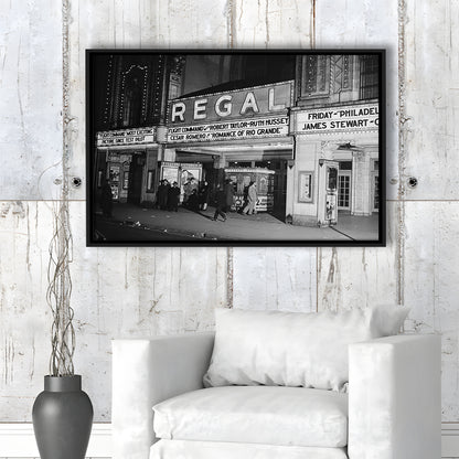 Regal Movie Theater at Night Vintage Chicago Photography Black and White Art, Floating Framed Canvas Print