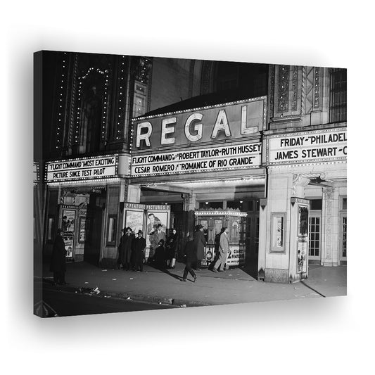 Regal Movie Theater at Night Vintage Chicago Photography Black and White Art, Canvas Print Wall Art Decor