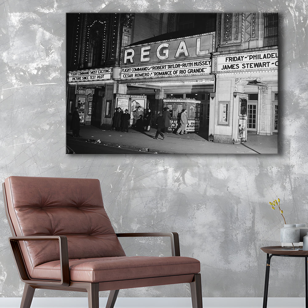 Regal Movie Theater at Night Vintage Chicago Photography Black and White Art, Canvas Print Wall Art Decor