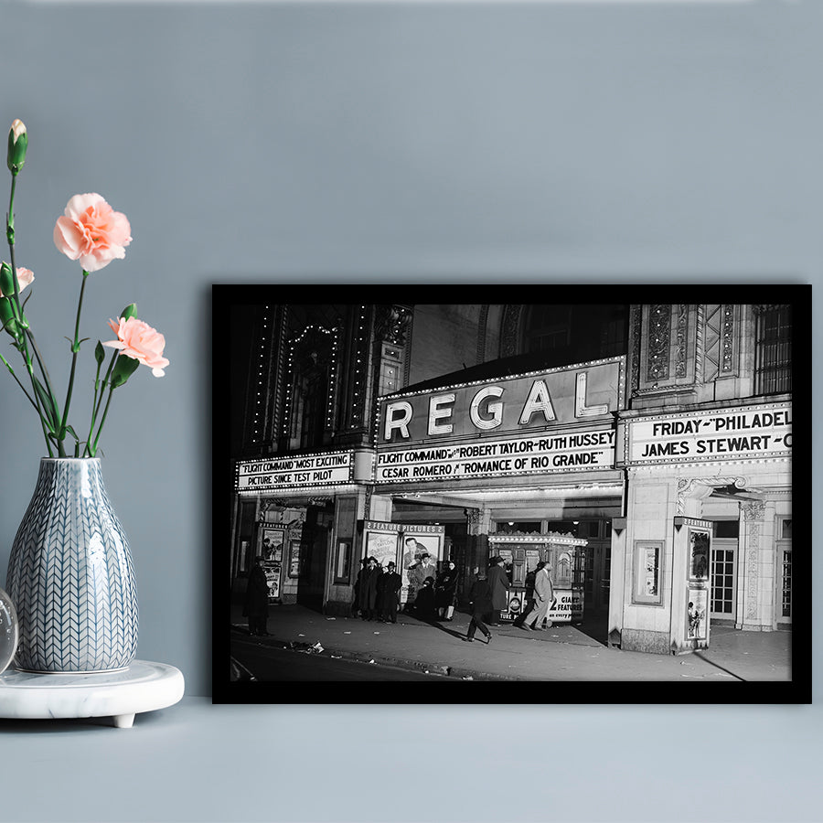 Regal Movie Theater at Night Vintage Chicago Photography Black and White Art, Framed Art Print Wall Decor