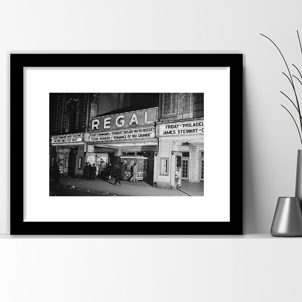 Regal Movie Theater at Night Vintage Chicago Photography Black and White Art, Framed Art Print White Border Wall Decor