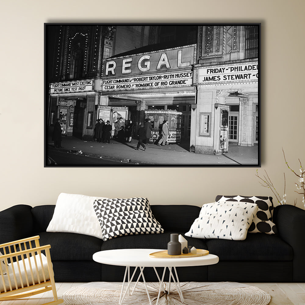 Regal Movie Theater at Night Vintage Chicago Photography Black and White Art, Floating Framed Canvas Print
