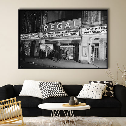 Regal Movie Theater at Night Vintage Chicago Photography Black and White Art, Floating Framed Canvas Print