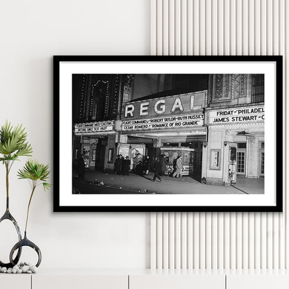 Regal Movie Theater at Night Vintage Chicago Photography Black and White Art, Framed Art Print White Border Wall Decor