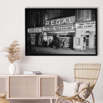Regal Movie Theater at Night Vintage Chicago Photography Black and White Art, Floating Framed Canvas Print
