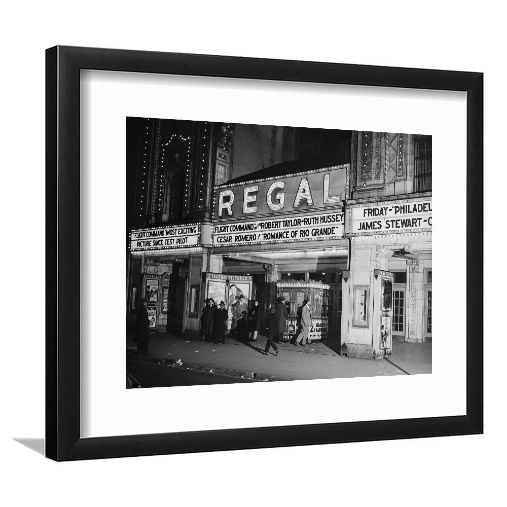 Regal Movie Theater at Night Vintage Chicago Photography Black and White Art, Framed Art Print White Border Wall Decor