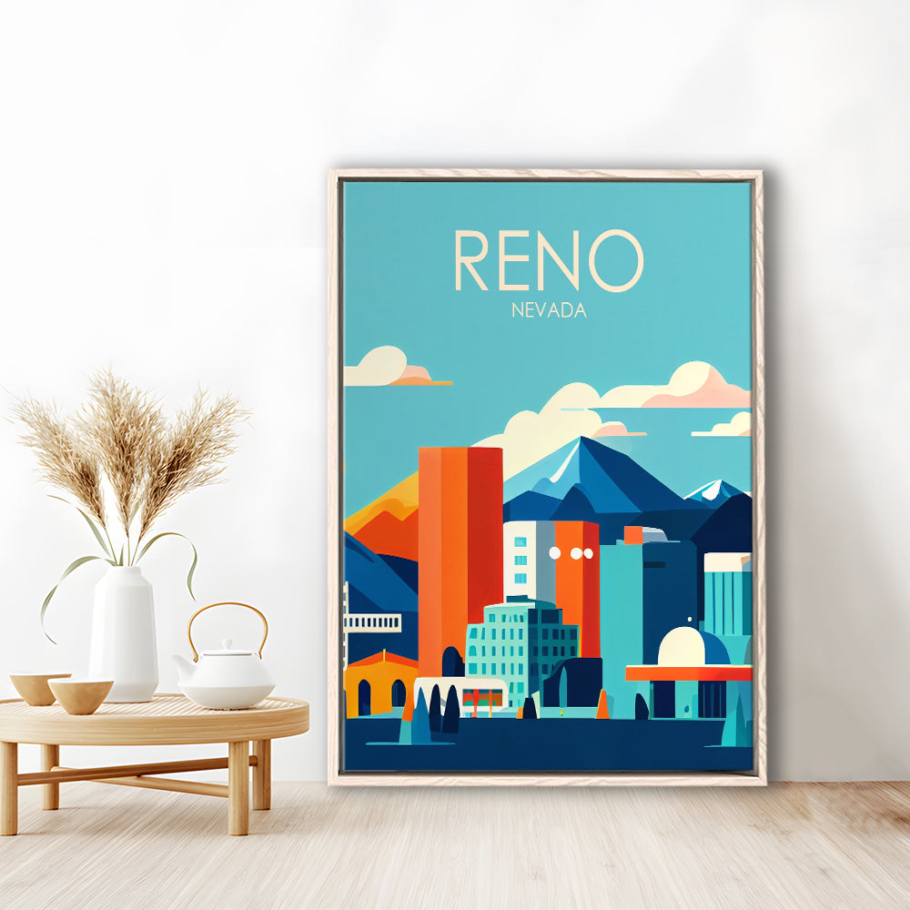 Reno Nevada Retro Art Print, Reno City Wall Art, Floating Framed Canvas Print, Framed Picture, Painting Canvas