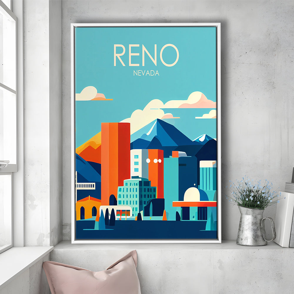 Reno Nevada Retro Art Print, Reno City Wall Art, Floating Framed Canvas Print, Framed Picture, Painting Canvas