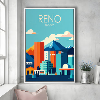 Reno Nevada Retro Art Print, Reno City Wall Art, Floating Framed Canvas Print, Framed Picture, Painting Canvas