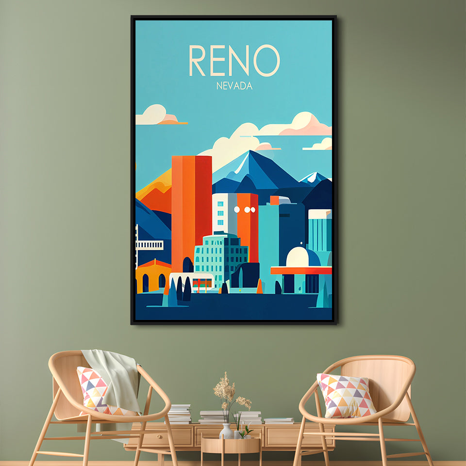 Reno Nevada Retro Art Print, Reno City Wall Art, Floating Framed Canvas Print, Framed Picture, Painting Canvas