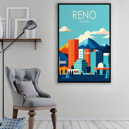Reno Nevada Retro Art Print, Reno City Wall Art, Floating Framed Canvas Print, Framed Picture, Painting Canvas