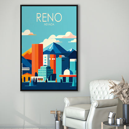 Reno Nevada Retro Art Print, Reno City Wall Art, Floating Framed Canvas Print, Framed Picture, Painting Canvas