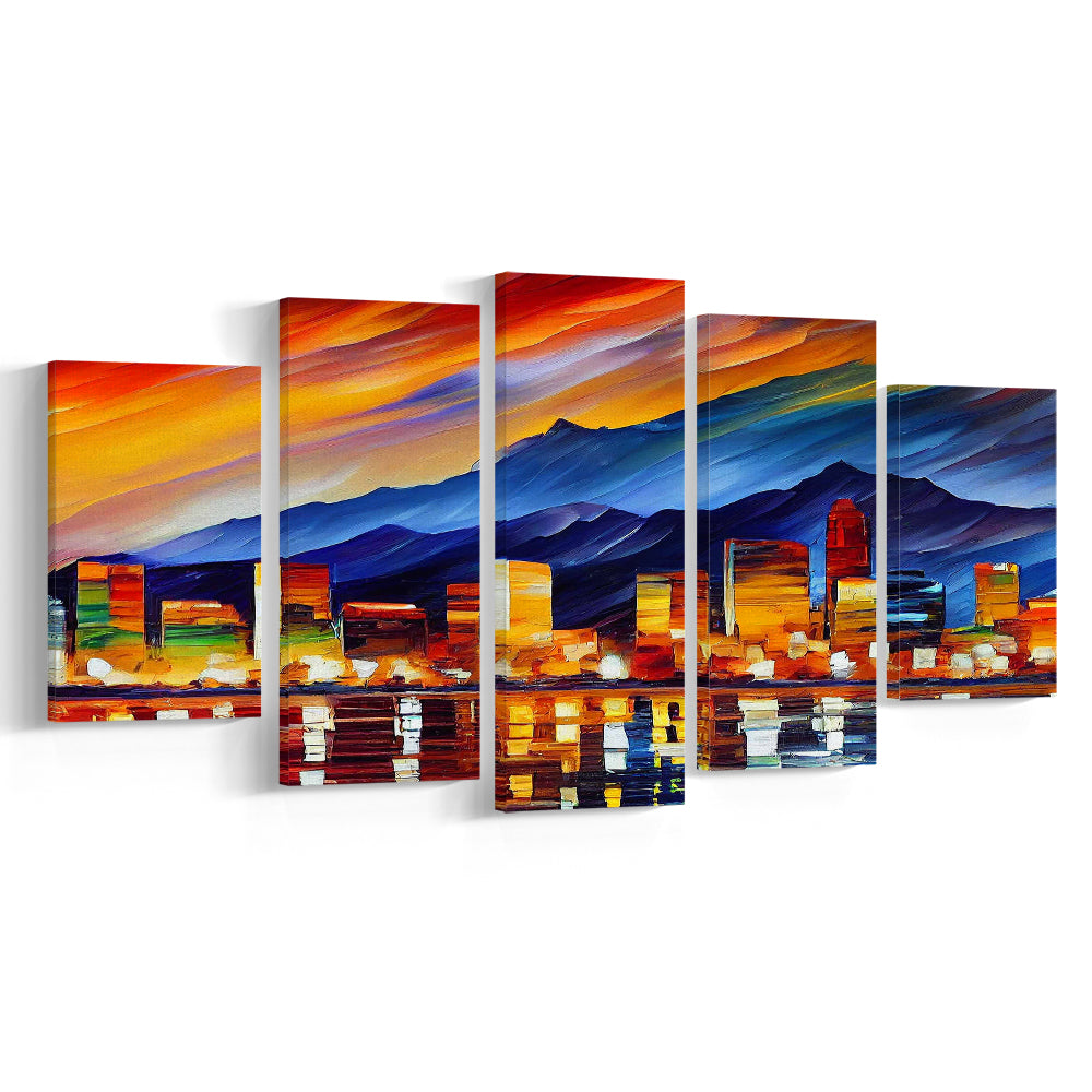 Reno Nevada Skyline Painting Canvas, Reno Painting Wall Art, Sport Art, Mixed 5 Panel, Canvas Print Wall Art
