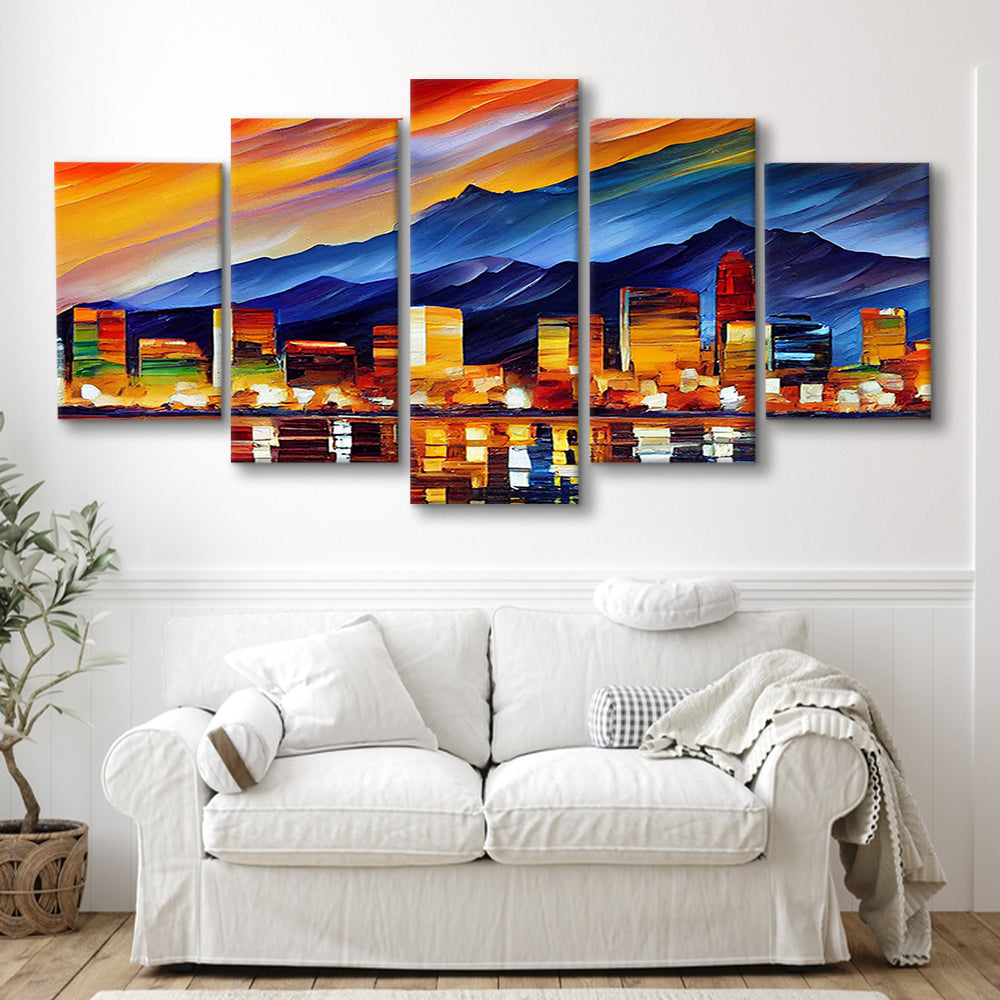 Reno Nevada Skyline Painting Canvas, Reno Painting Wall Art, Sport Art, Mixed 5 Panel, Canvas Print Wall Art