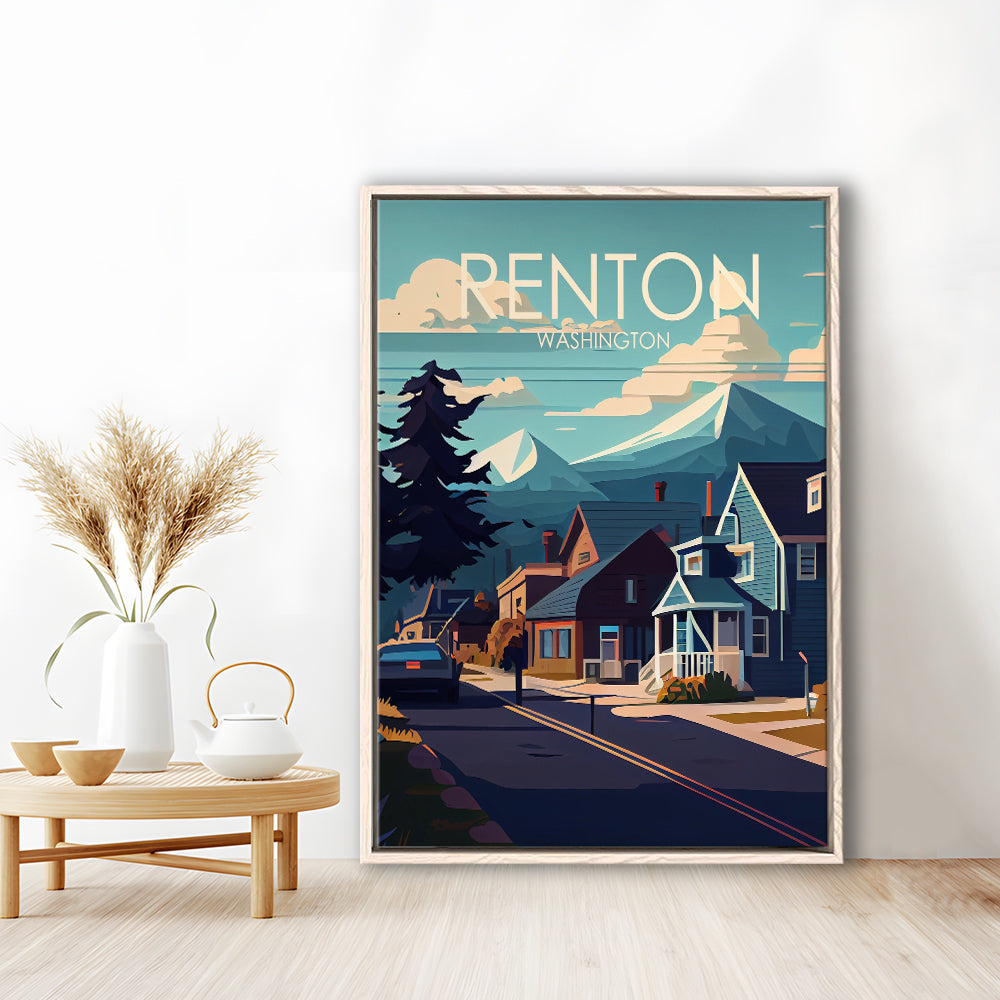 Renton Washington Retro Art Print, Renton City Wall Art, Floating Framed Canvas Print, Framed Picture, Painting Canvas
