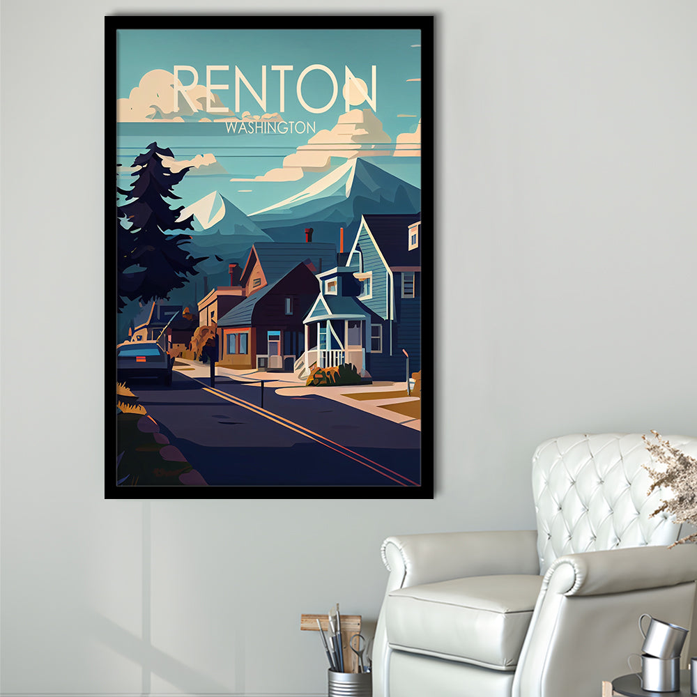 Renton Washington Retro Art Print, Renton City Wall Art, Framed Art Print, Picture Framed, Painting Art
