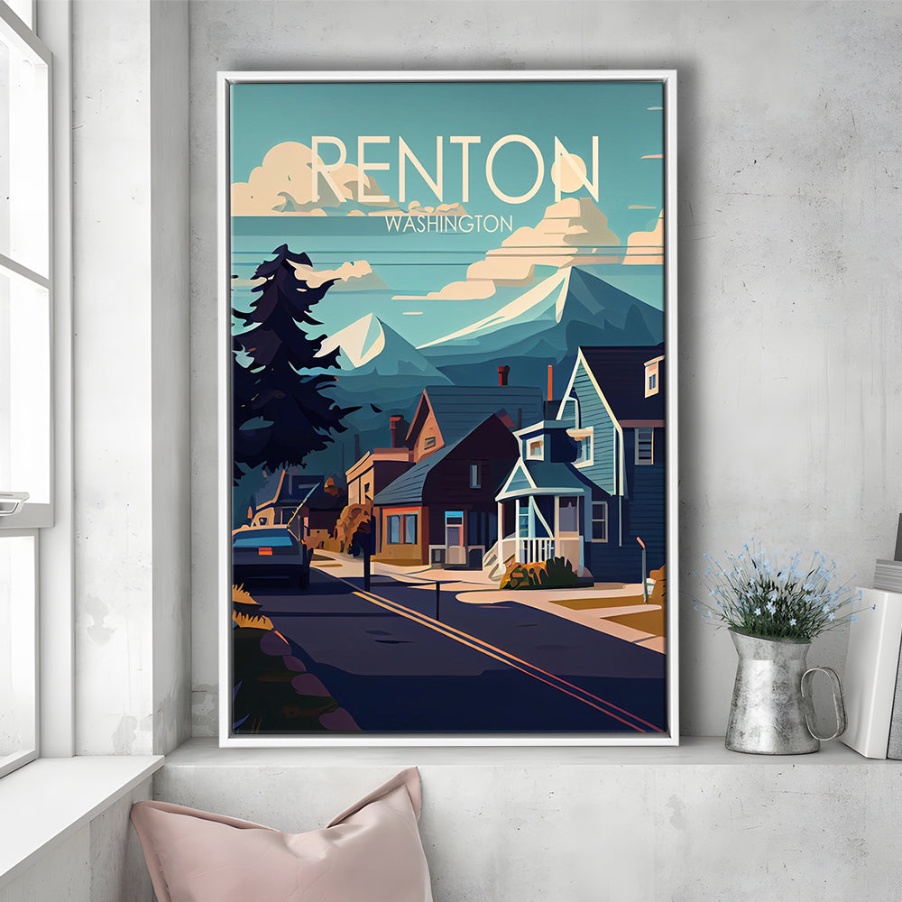 Renton Washington Retro Art Print, Renton City Wall Art, Floating Framed Canvas Print, Framed Picture, Painting Canvas
