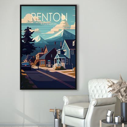 Renton Washington Retro Art Print, Renton City Wall Art, Floating Framed Canvas Print, Framed Picture, Painting Canvas