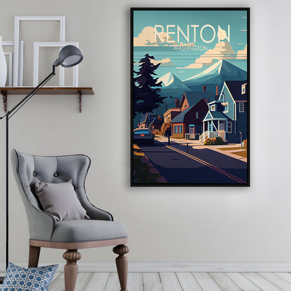 Renton Washington Retro Art Print, Renton City Wall Art, Floating Framed Canvas Print, Framed Picture, Painting Canvas