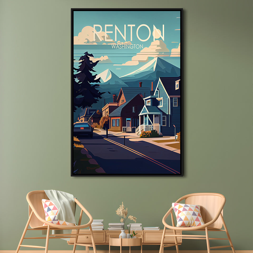 Renton Washington Retro Art Print, Renton City Wall Art, Floating Framed Canvas Print, Framed Picture, Painting Canvas