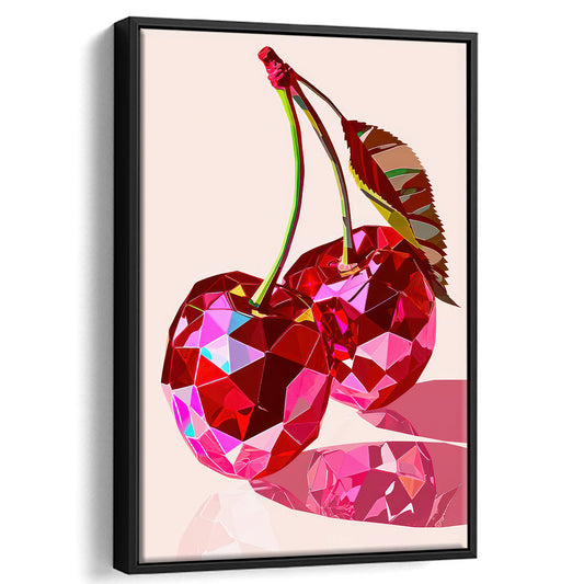 Retro Cherries Art Print Pink Cherries Vintage Dorm Room Valentine's Day Decor , Framed Canvas Print Wall Art, Floating Frame