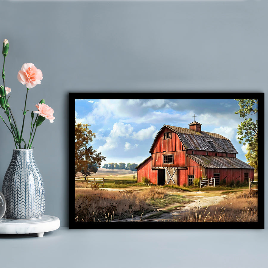 Retro Farm Wall Art, Old Barn In The Farm Landscape Painting Art Prints, Framed Art Print, Picture Framed