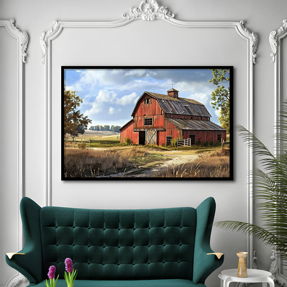 Retro Farm Wall Art, Old Barn In The Farm Landscape Painting Art Prints, Framed Art Print, Picture Framed