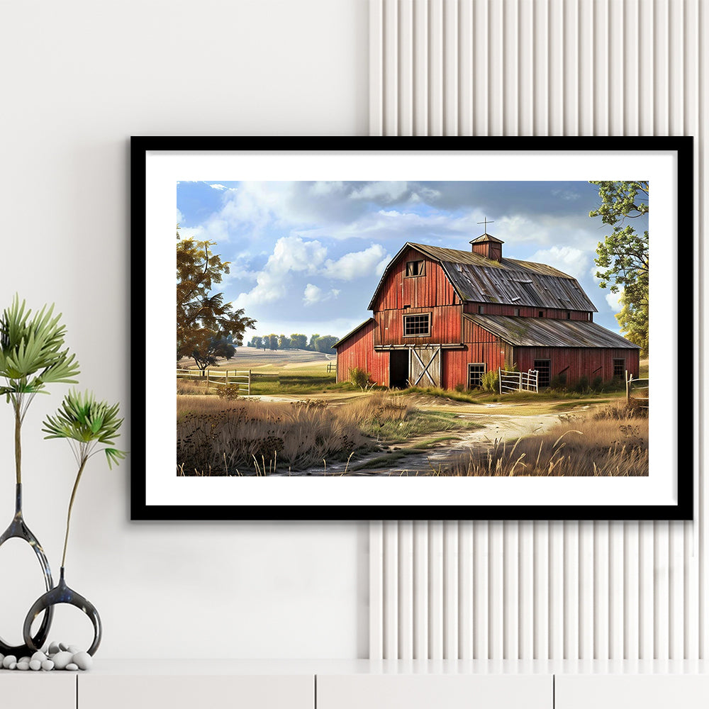 Retro Farm Wall Art, Old Barn In The Farm Landscape Painting Art Print,Rustic Farmhouse, Framed Art Print White Border