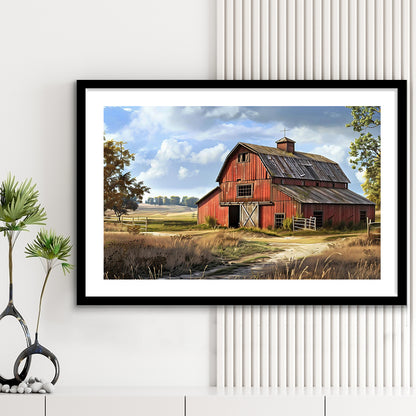Retro Farm Wall Art, Old Barn In The Farm Landscape Painting Art Print,Rustic Farmhouse, Framed Art Print White Border