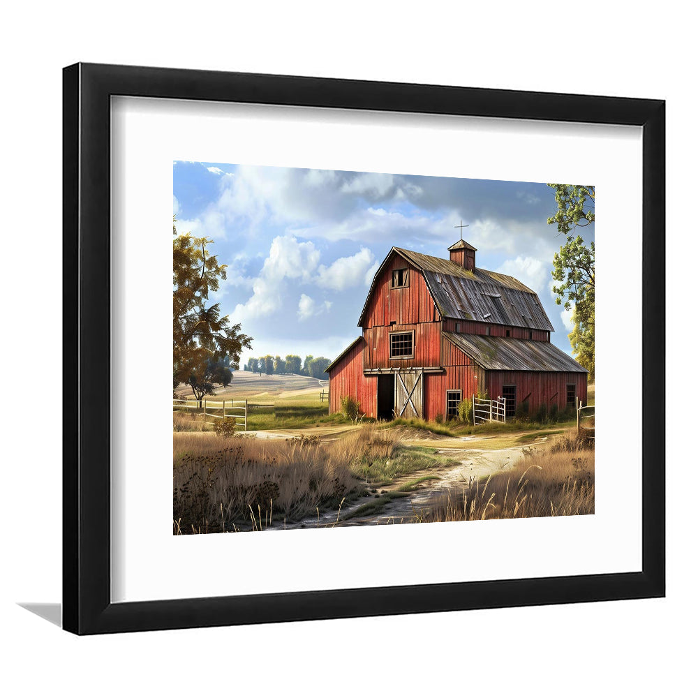 Retro Farm Wall Art, Old Barn In The Farm Landscape Painting Art Print,Rustic Farmhouse, Framed Art Print White Border