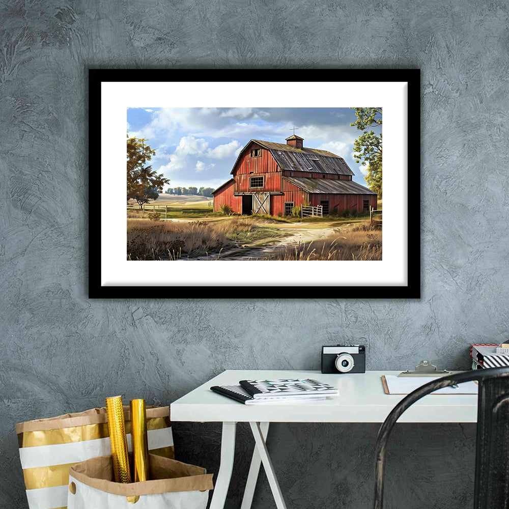 Retro Farm Wall Art, Old Barn In The Farm Landscape Painting Art Print,Rustic Farmhouse, Framed Art Print White Border