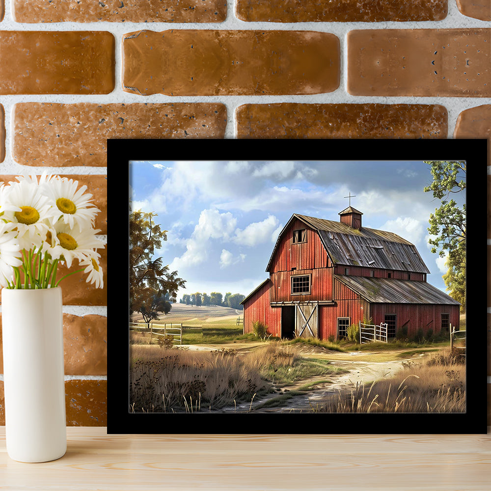 Retro Farm Wall Art, Old Barn In The Farm Landscape Painting Art Prints, Framed Art Print, Picture Framed