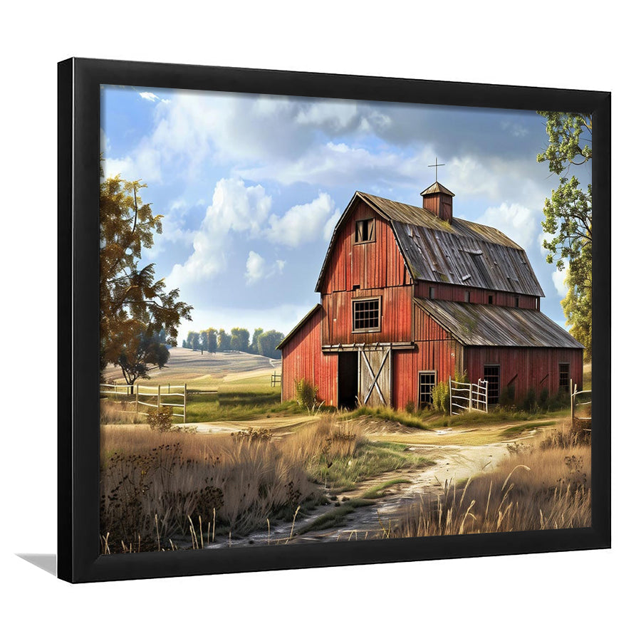 Retro Farm Wall Art, Old Barn In The Farm Landscape Painting Art Prints, Framed Art Print, Picture Framed