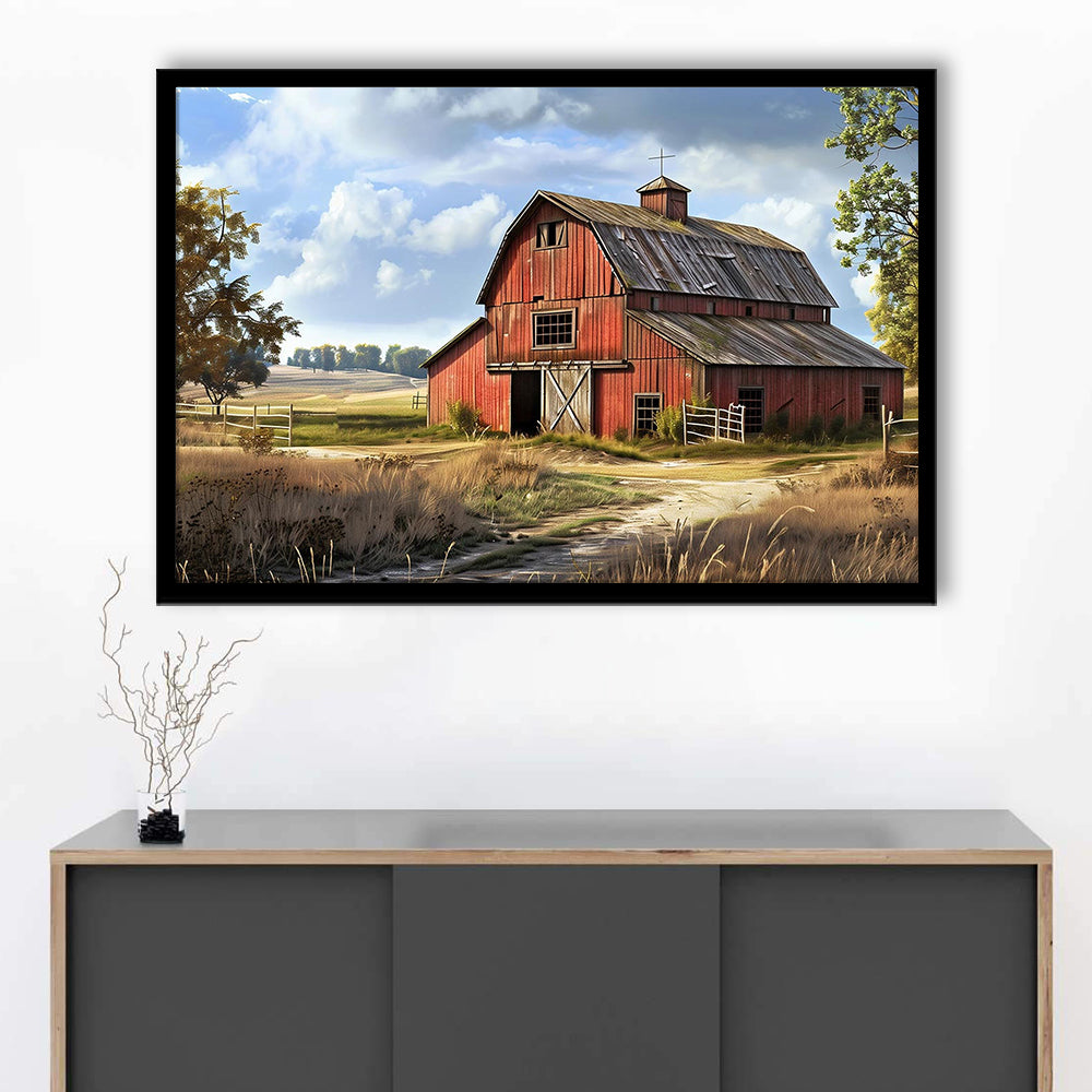 Retro Farm Wall Art, Old Barn In The Farm Landscape Painting Art Prints, Framed Art Print, Picture Framed