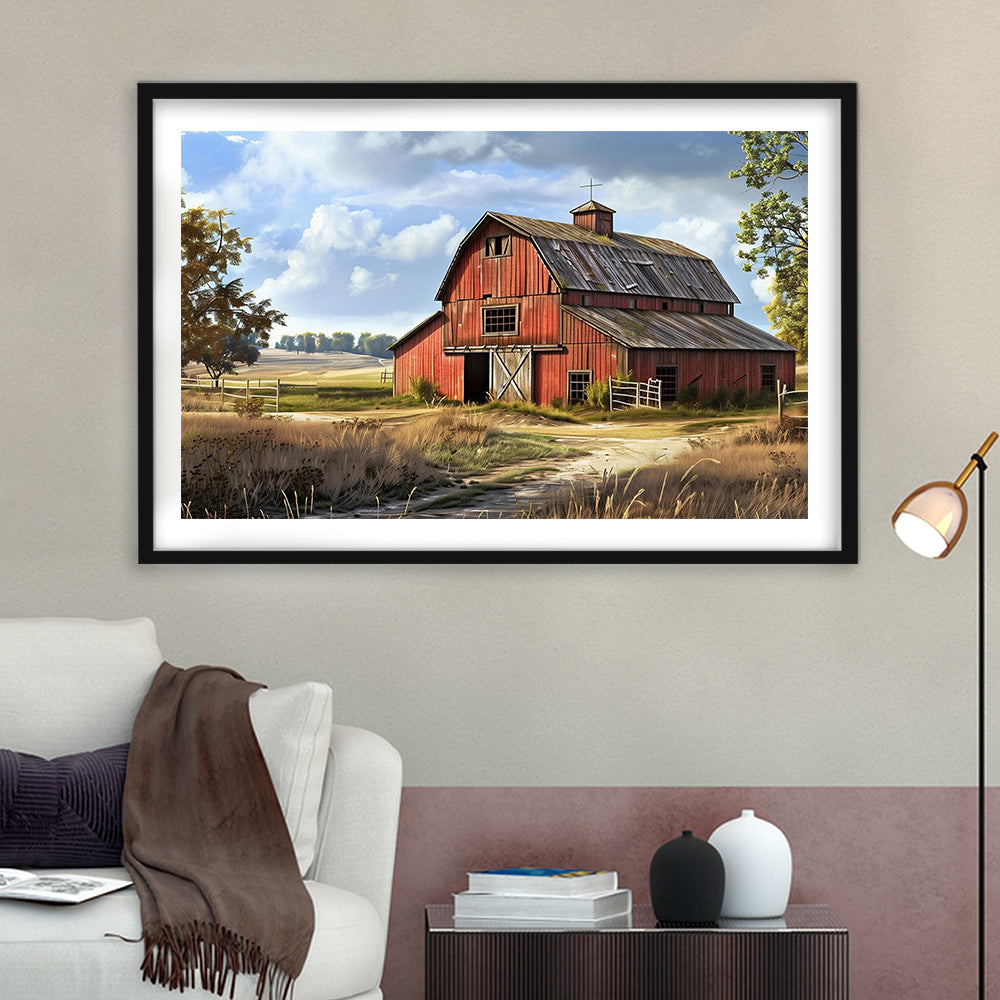Retro Farm Wall Art, Old Barn In The Farm Landscape Painting Art Print,Rustic Farmhouse, Framed Art Print White Border