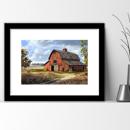 Retro Farm Wall Art, Old Barn In The Farm Landscape Painting Art Print,Rustic Farmhouse, Framed Art Print White Border