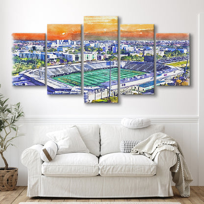 Riccardo Silva Painting Stadium Watercolor, University Park Florida, Sport Art, Mixed 5 Panel, Canvas Print Wall Art