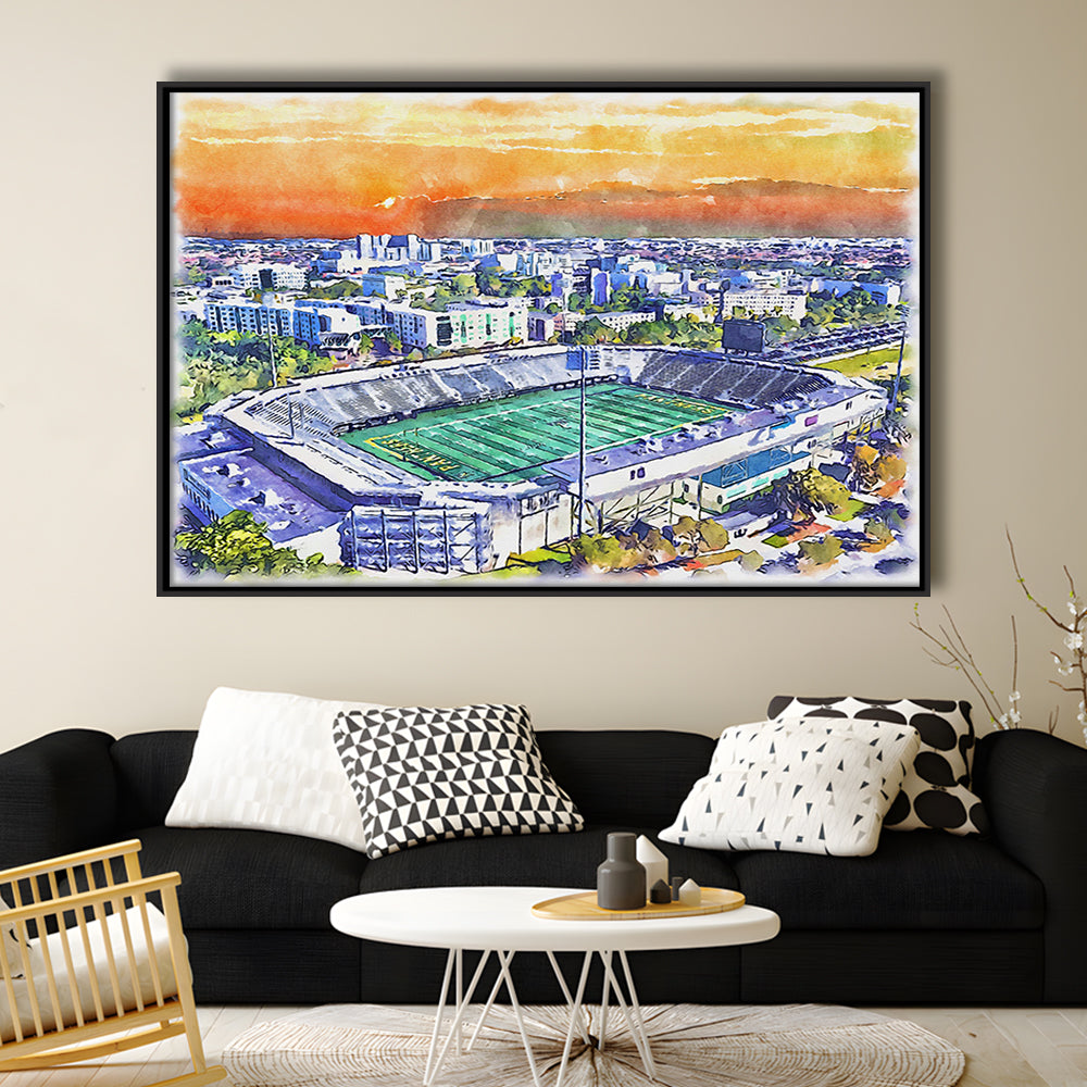 Riccardo Silva Painting Stadium Watercolor, University Park Florida, Sport Gift Art, Framed Canvas Print Wall Art