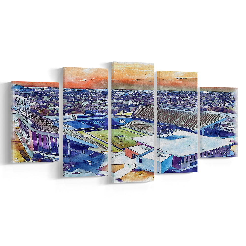 Rice Painting Stadium Watercolor, Houston Texas Watercolor, Sport Art, Mixed 5 Panel, Canvas Print Wall Art