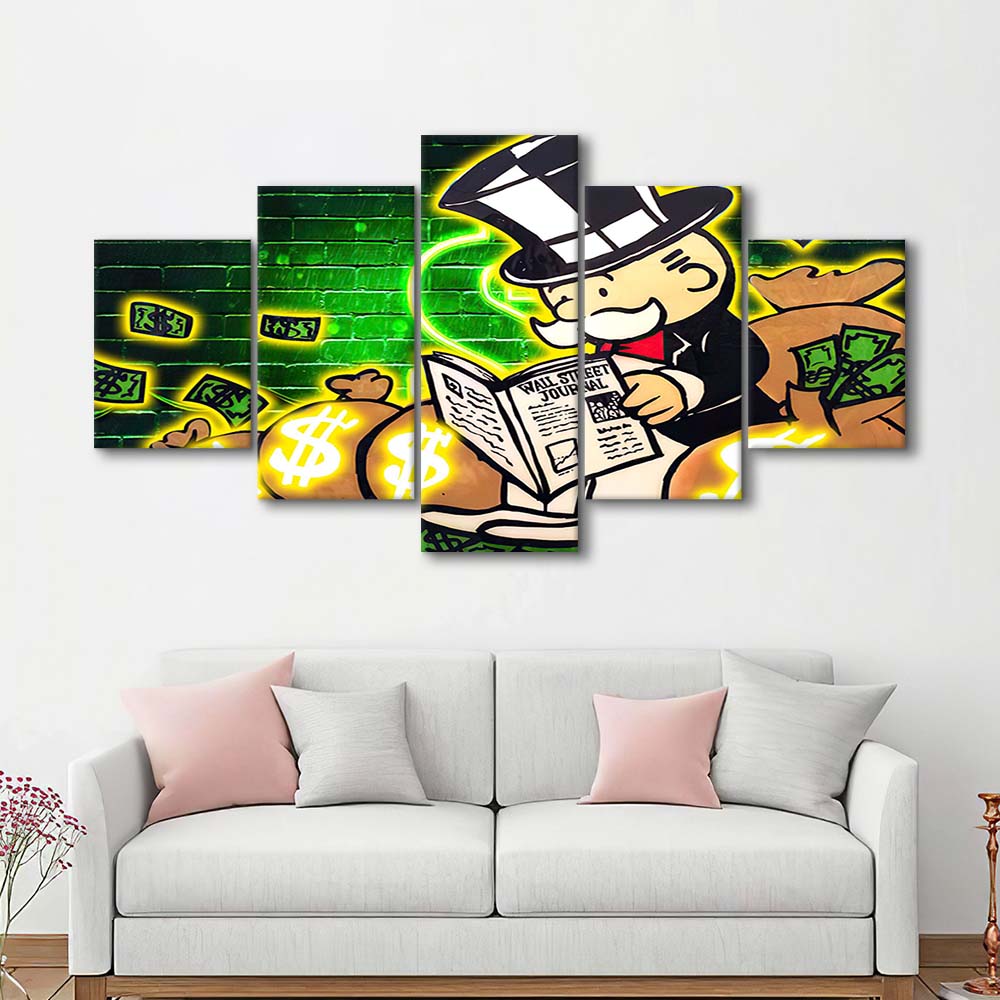 Rich Money Man Canva, 5 Panel Mixed Canvas Print Wall Art, Home Decor, Neon Canvas